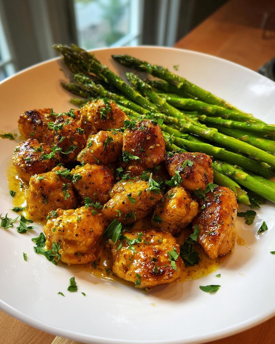 Plate of golden Garlic Butter Chicken Bites coated in sauce, served alongside bright green roasted asparagus spears.