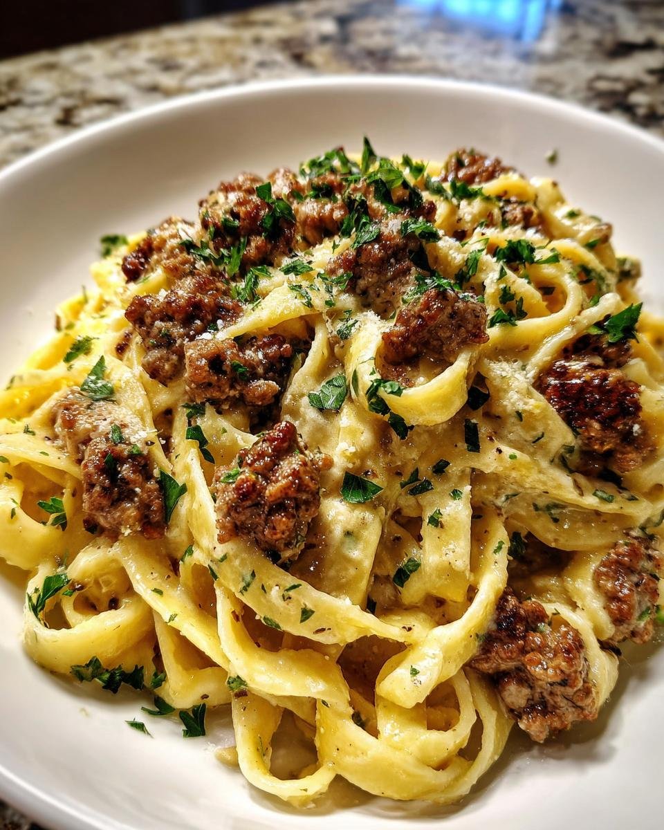 Close-up of creamy Garlic Butter Sausage Pasta with crumbled sausage and parsley garnish.