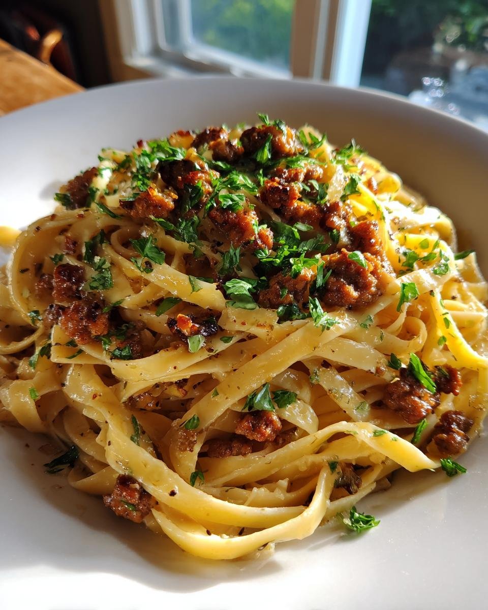 A close-up shot of fettuccine noodles coated in garlic butter sauce, topped with browned sausage crumbles and fresh parsley, ready to eat.