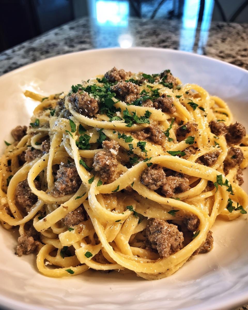 A close-up of creamy Garlic Butter Sausage Pasta tossed with crumbled sausage and topped with fresh parsley.