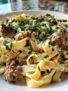 Close-up of fettuccine pasta tossed in a creamy sauce with crumbled sausage, topped with grated cheese and fresh parsley for Garlic Butter Sausage Pasta.