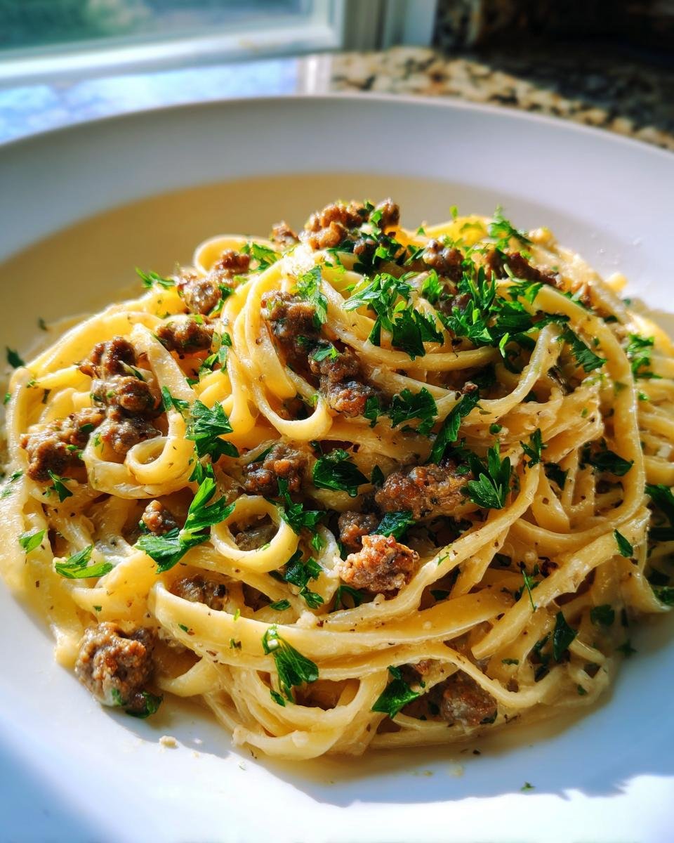 A close-up serving of creamy Garlic Butter Sausage Pasta topped generously with crumbled sausage and fresh parsley.