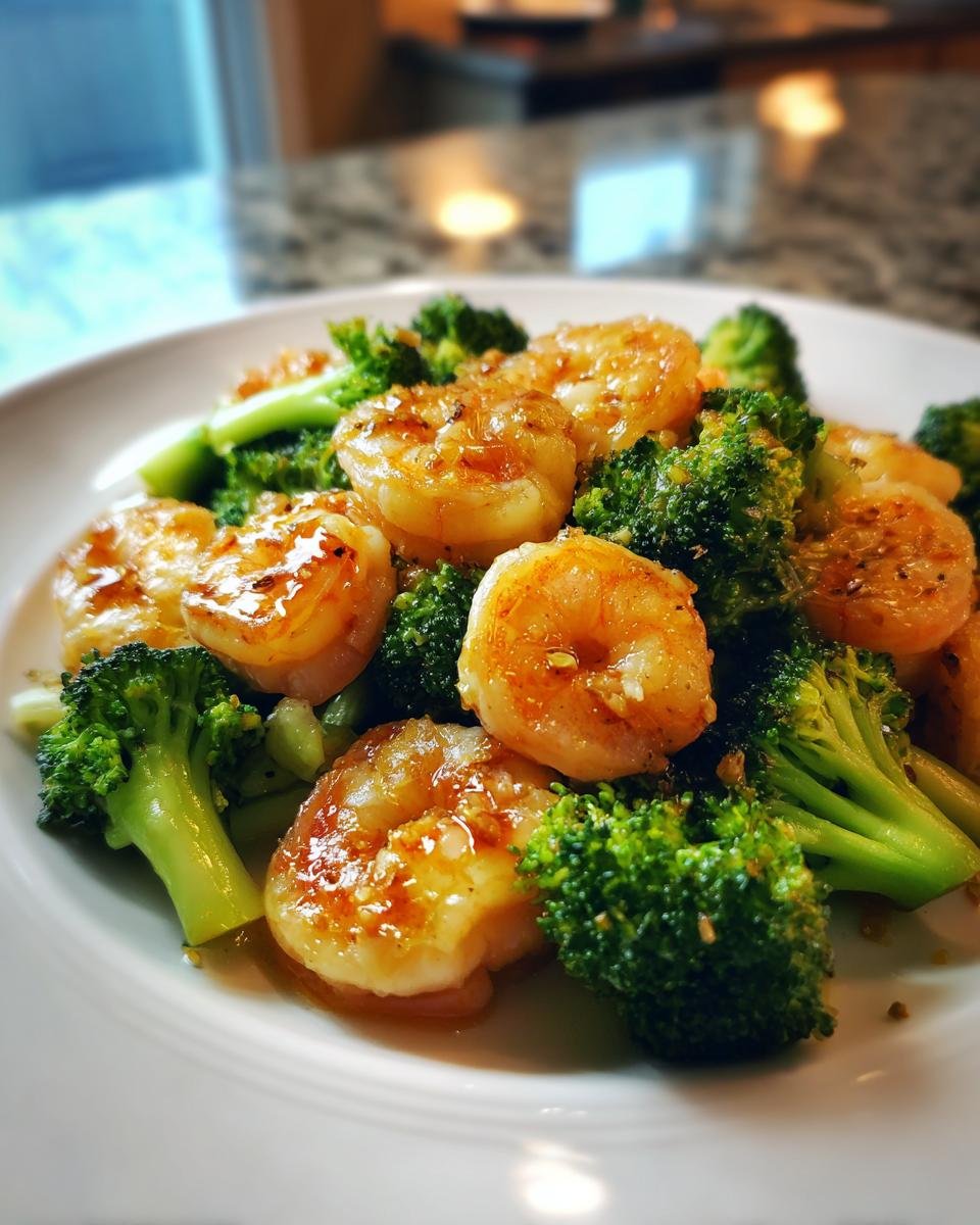 Close-up of perfectly cooked shrimp coated in garlic butter sauce served with bright green broccoli florets, showcasing Garlic Butter Shrimp And Broccoli.