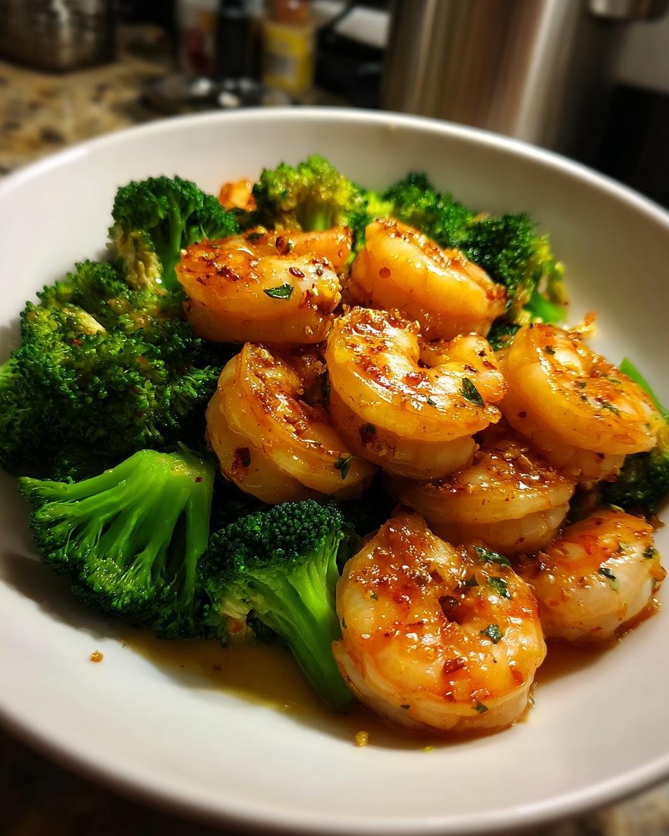 Close-up of succulent Garlic Butter Shrimp And Broccoli coated in a savory sauce in a white bowl.