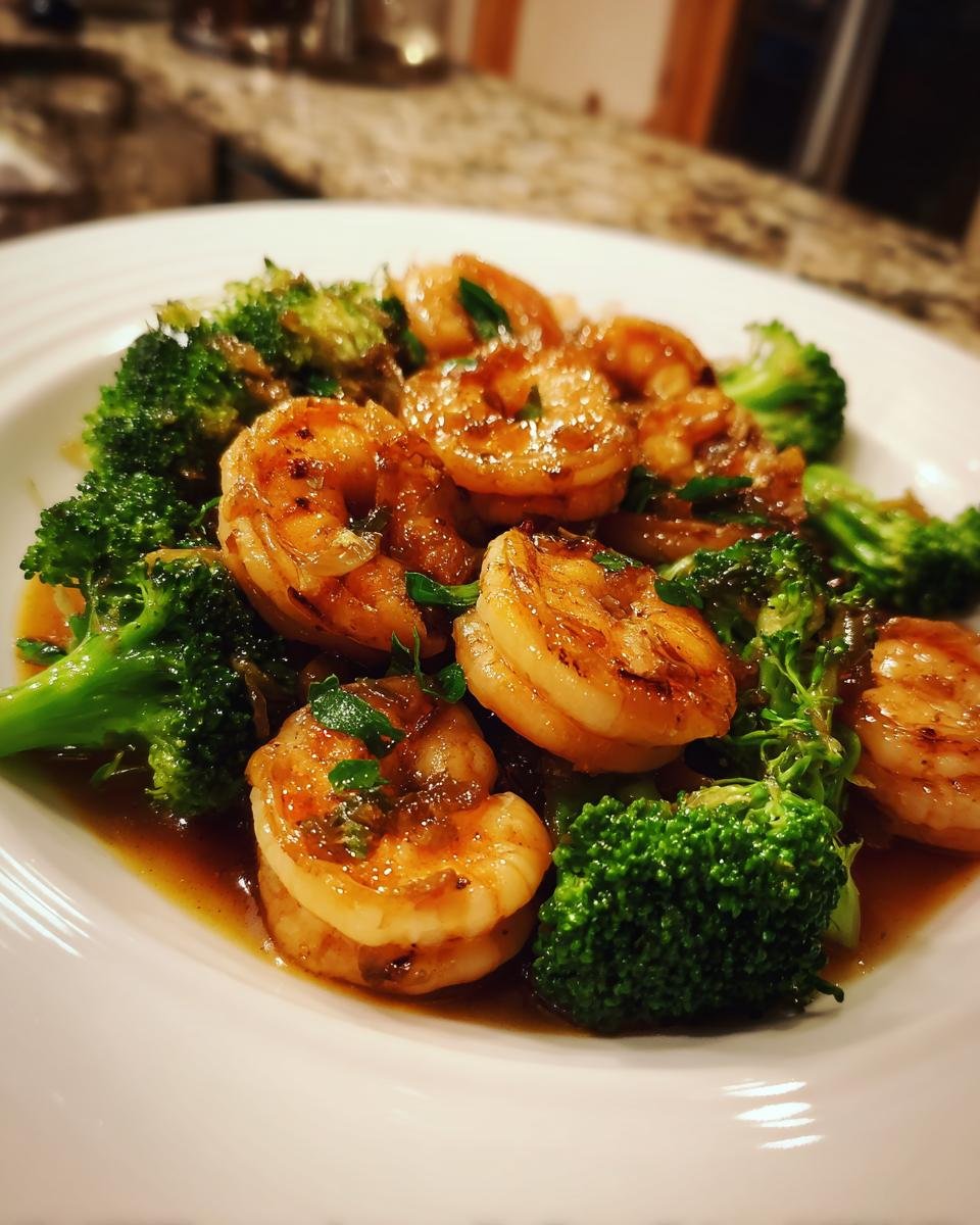 Close-up of plump shrimp sautéed in garlic butter sauce served with bright green broccoli florets.