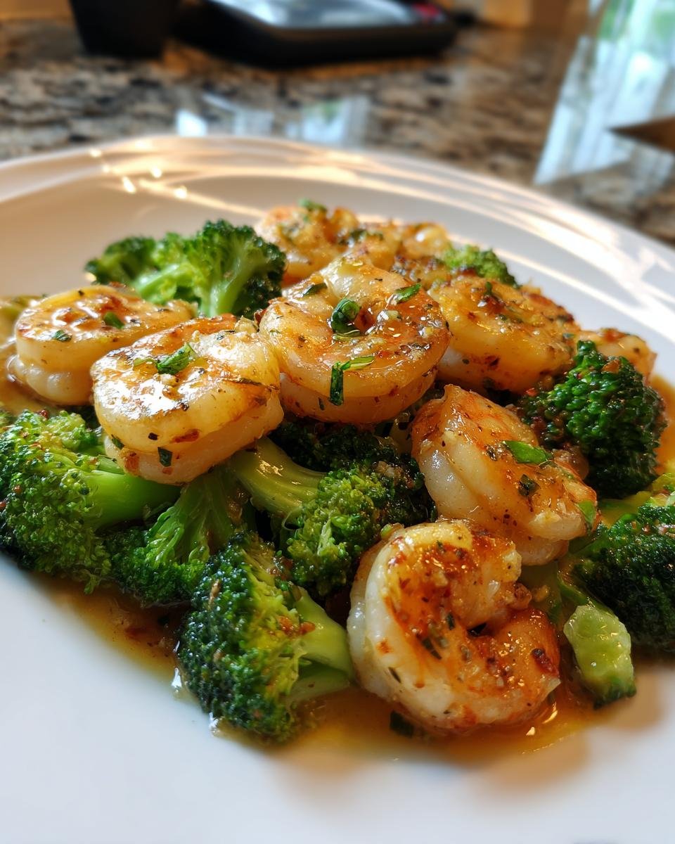 Close-up of perfectly cooked Garlic Butter Shrimp And Broccoli coated in a rich sauce on a white plate.