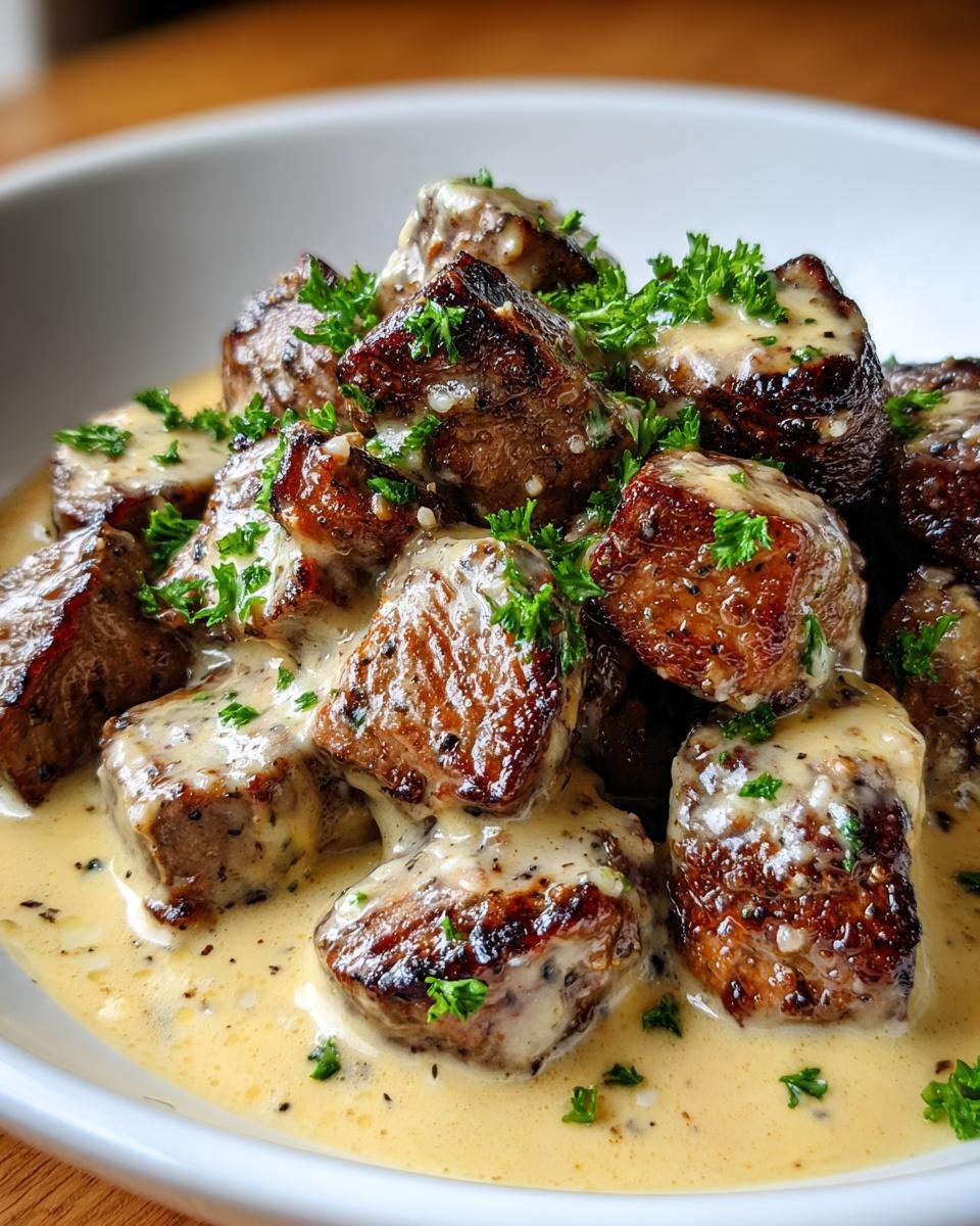 Close-up of seared Garlic Butter Steak Bites generously coated in Parmesan Cream Sauce and garnished with fresh parsley.