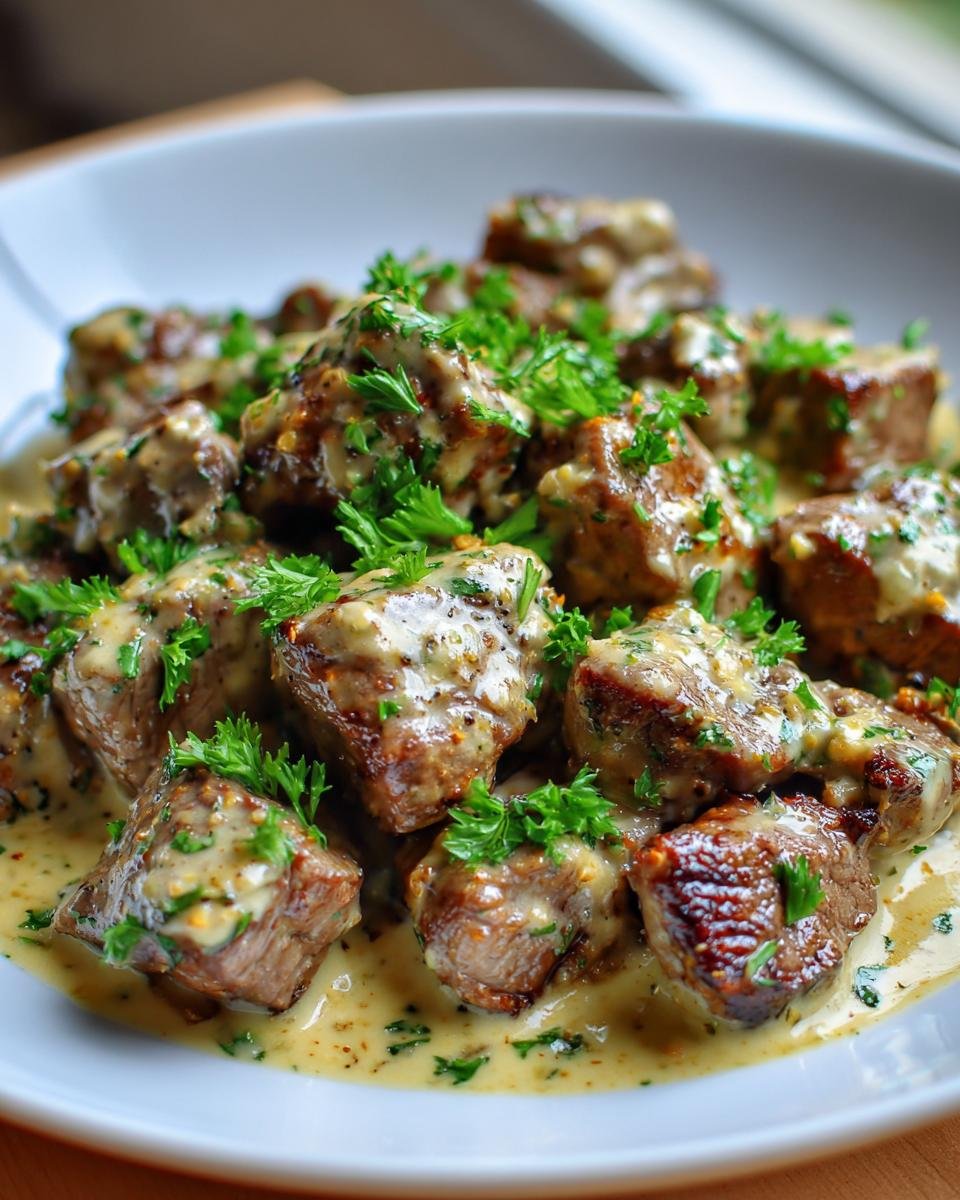 Close-up of tender Garlic Butter Steak Bites smothered in a creamy Parmesan sauce and topped with fresh parsley.