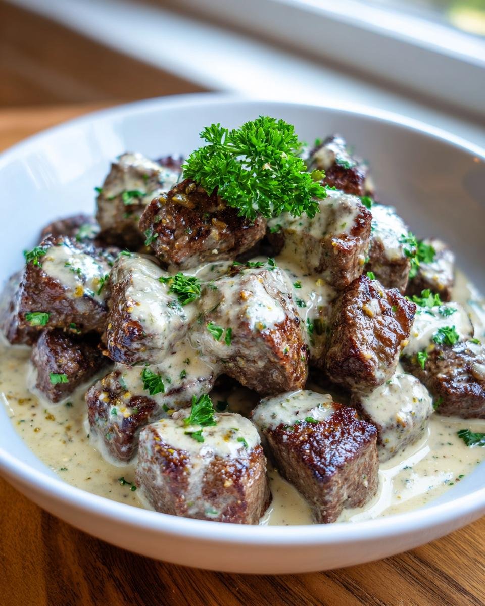 Close-up of seared Garlic Butter Steak Bites generously covered in Parmesan Cream Sauce and garnished with parsley.