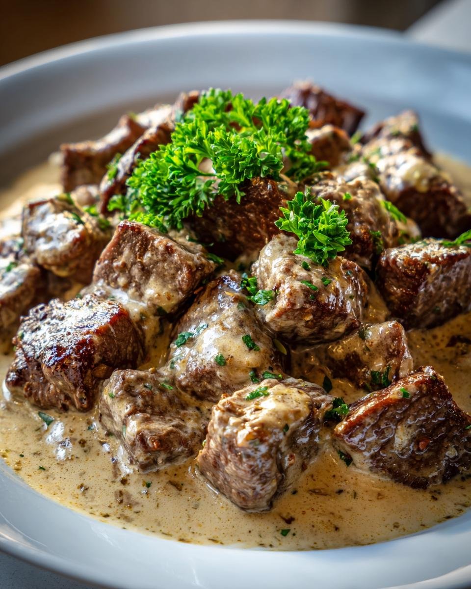 Close-up of seared Garlic Butter Steak Bites smothered in a rich Parmesan cream sauce and garnished with fresh parsley.