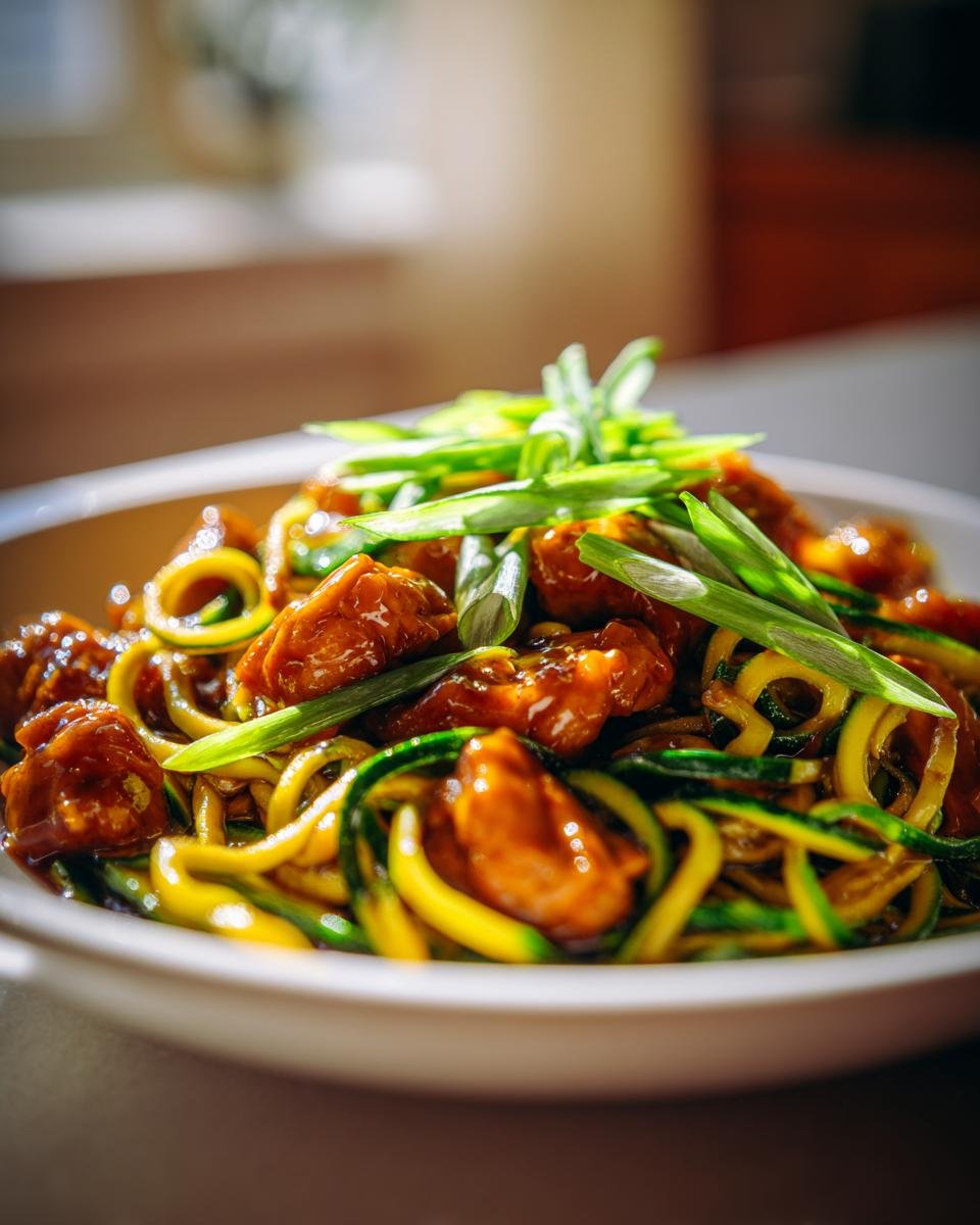 Close-up of Garlic Chicken Zucchini Noodles Stir Fry topped with fresh green onions.
