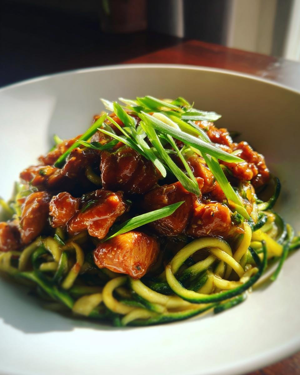 Close-up of Garlic Chicken Zucchini Noodles Stir Fry topped with sliced green onions in a white bowl.