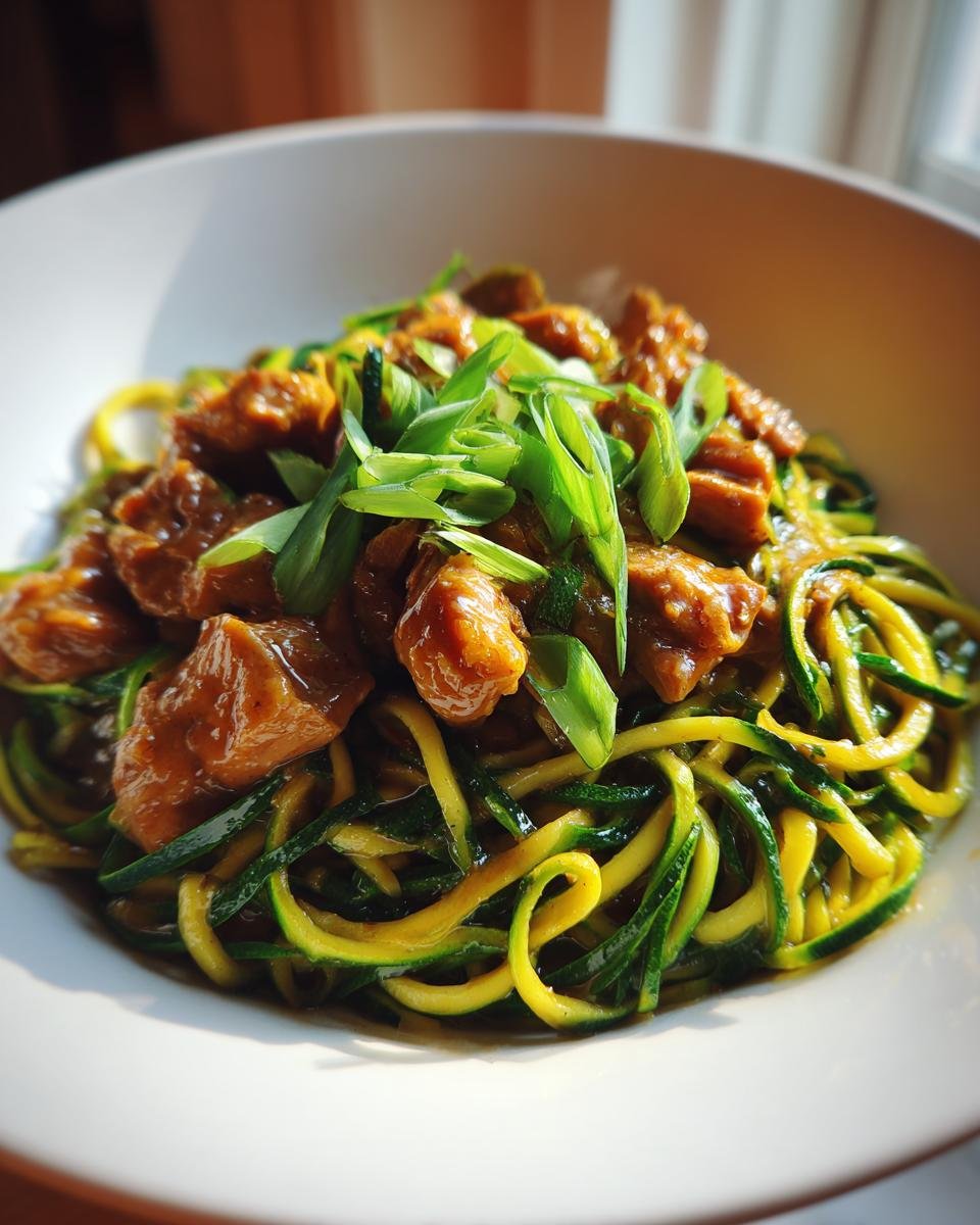 Close-up of Garlic Chicken Zucchini Noodles Stir Fry topped with fresh green onions in a white bowl.