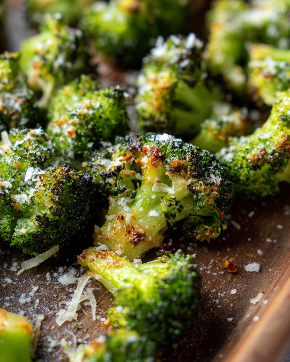 Close-up of roasted Garlic Parmesan Broccoli florets, slightly charred and topped with grated cheese.