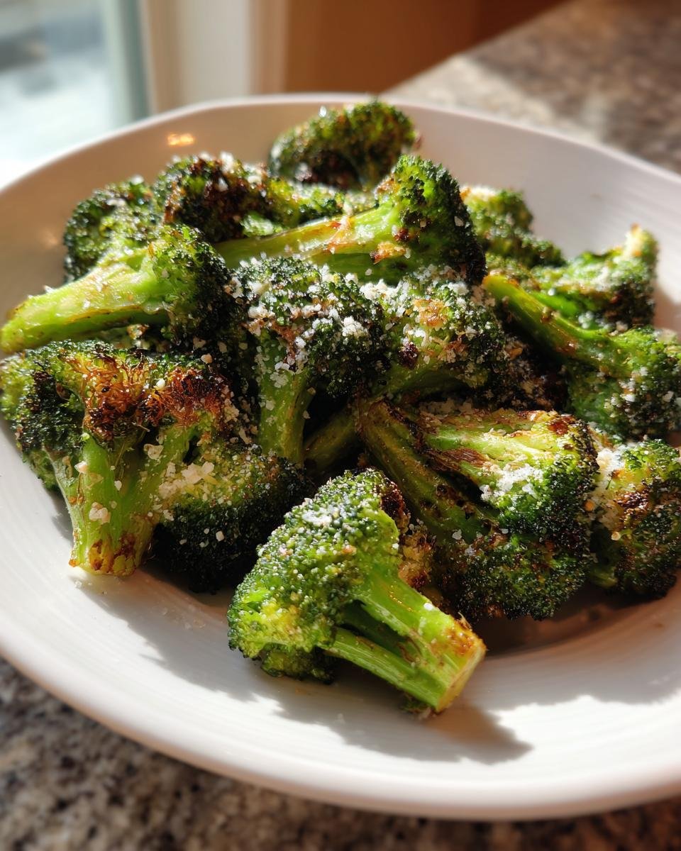 Close-up of roasted Garlic Parmesan Broccoli florets, slightly charred and topped with grated cheese, served on a white dish.