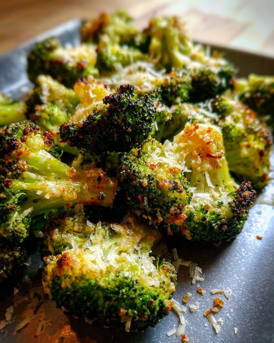 Close-up of roasted Garlic Parmesan Broccoli florets with crispy, browned edges and grated cheese.