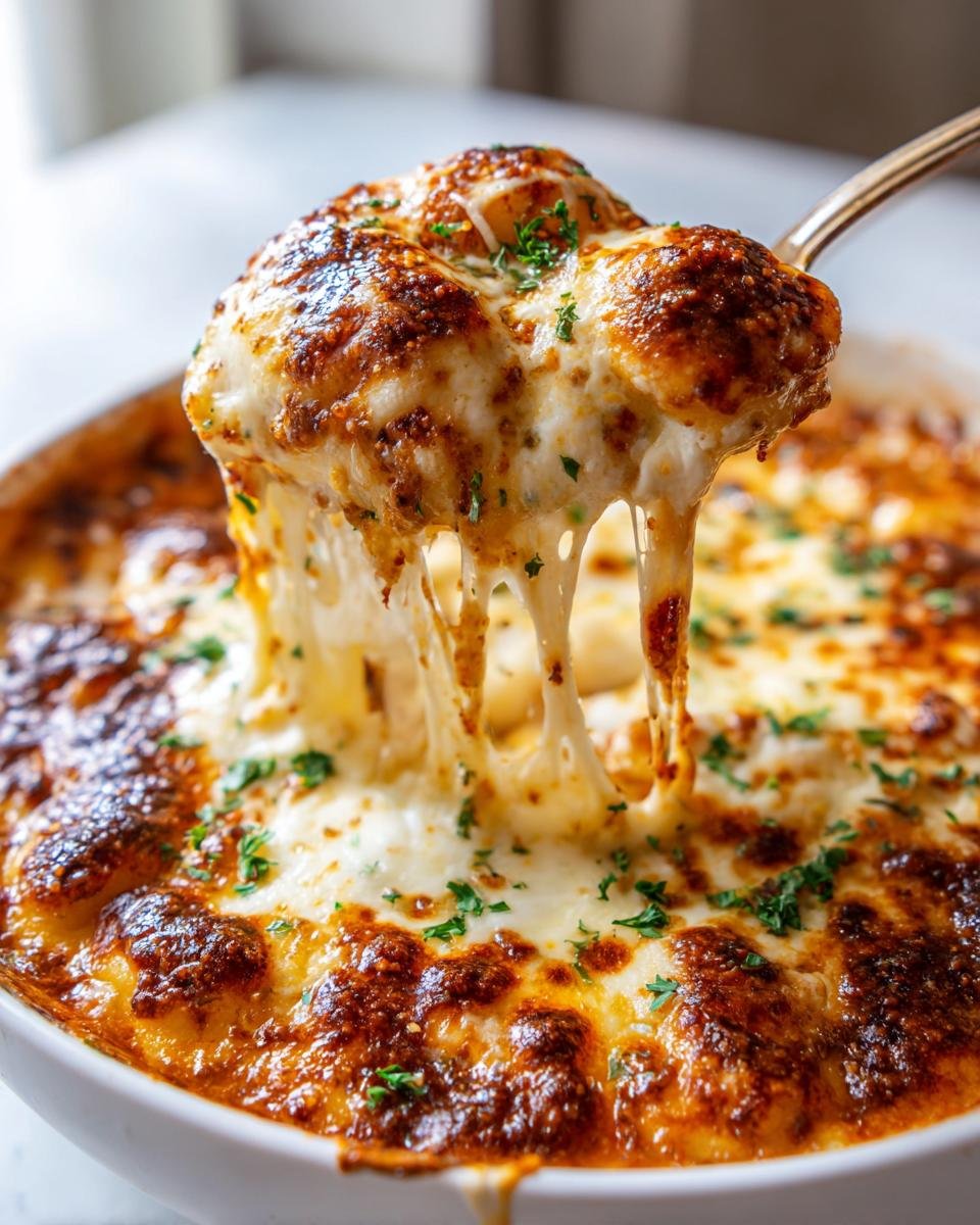 A spoonful lifts cheesy, bubbly Gnocchi And Tomato Bake, showing long cheese pulls.