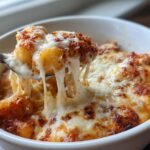A spoonful of cheesy Gnocchi And Tomato Bake showing a dramatic cheese pull in a white bowl.