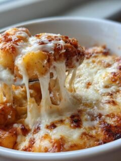 A spoonful of cheesy Gnocchi And Tomato Bake showing a dramatic cheese pull in a white bowl.