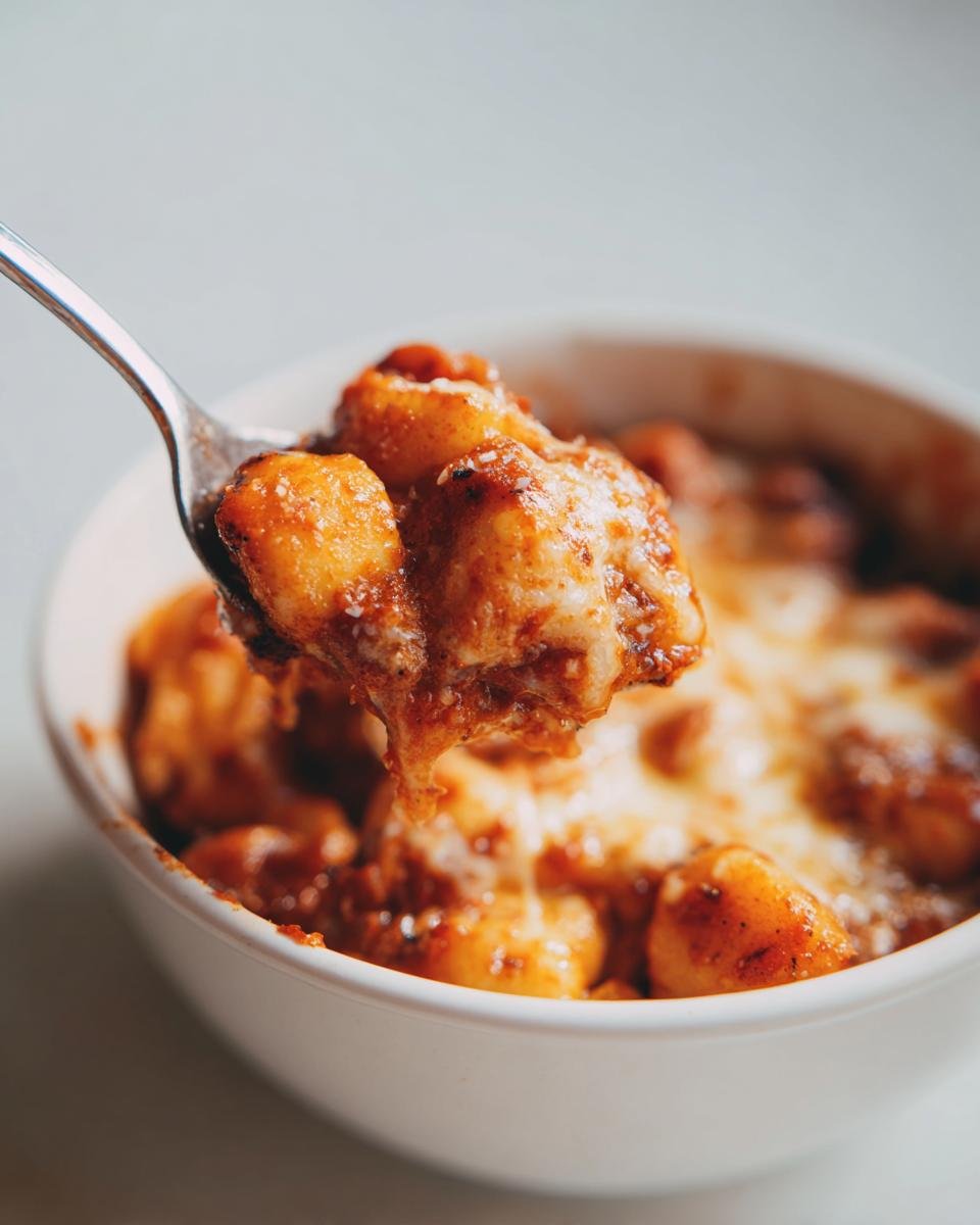 A spoonful of cheesy Gnocchi And Tomato Bake being lifted from a white bowl.
