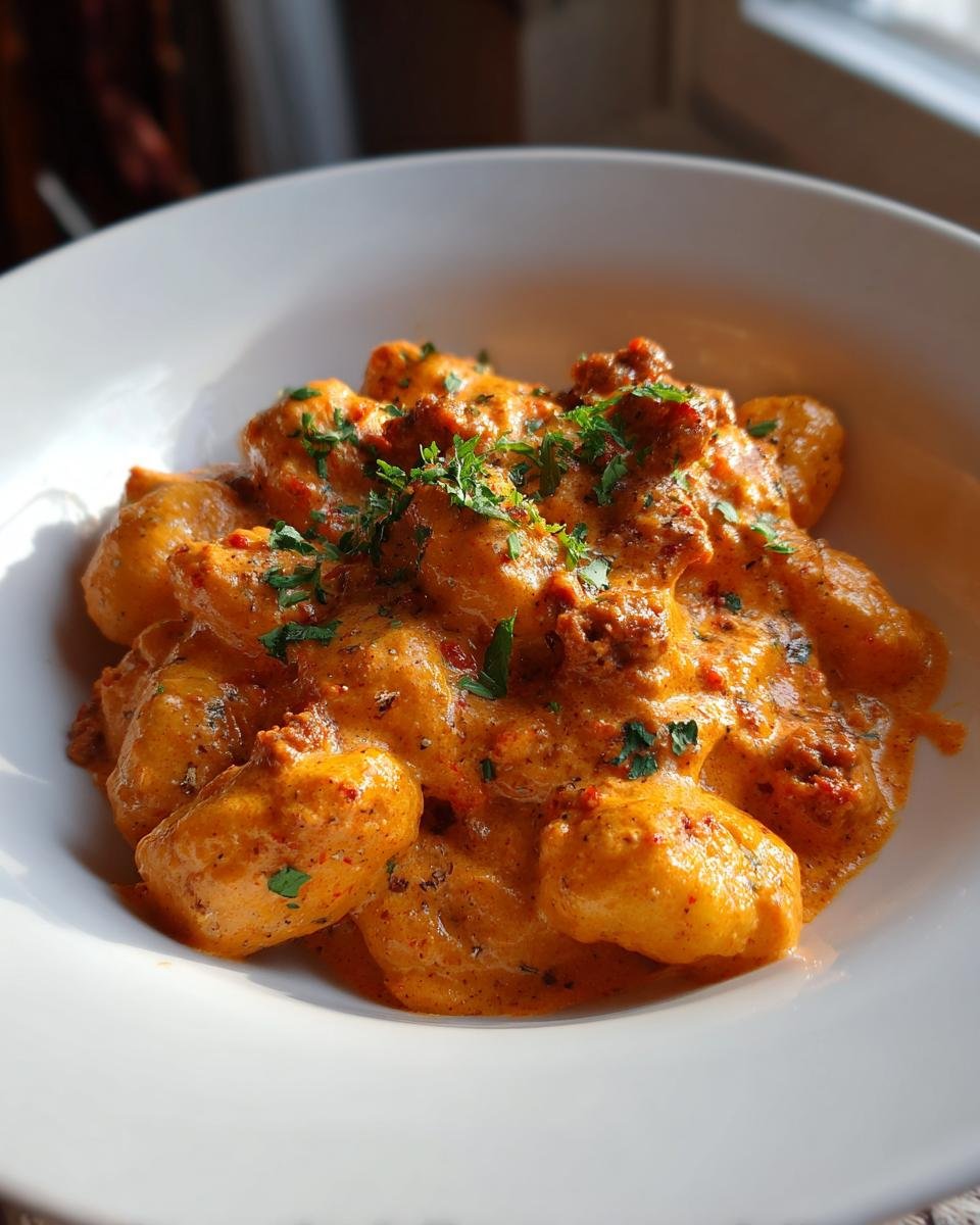 A close-up of fluffy gnocchi coated in a rich, orange creamy harissa sauce with chorizo pieces, garnished with parsley.