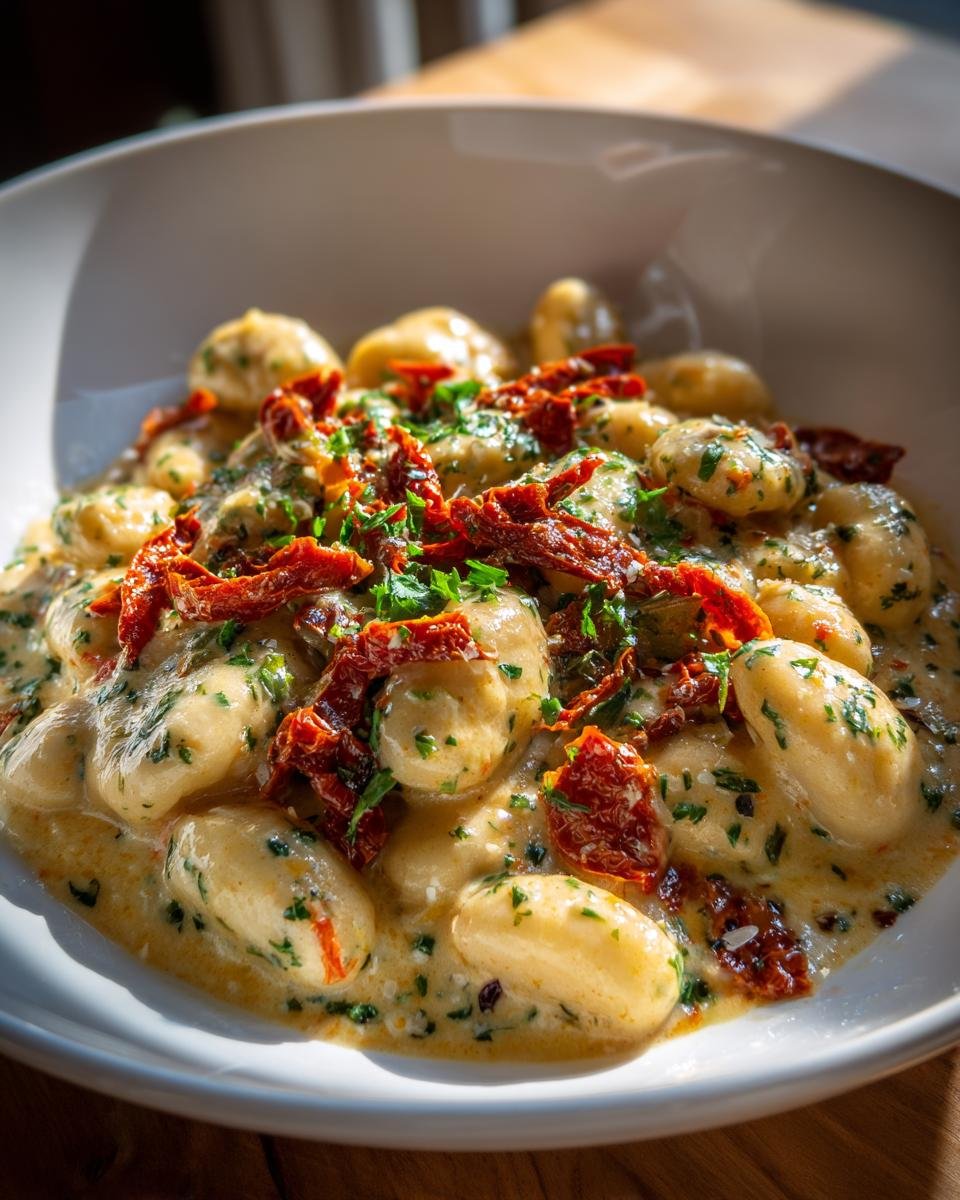 Close-up of gnocchi coated in a creamy sauce with herbs and topped with sun-dried tomatoes, similar to Tuscan Marry Me Butter Beans.