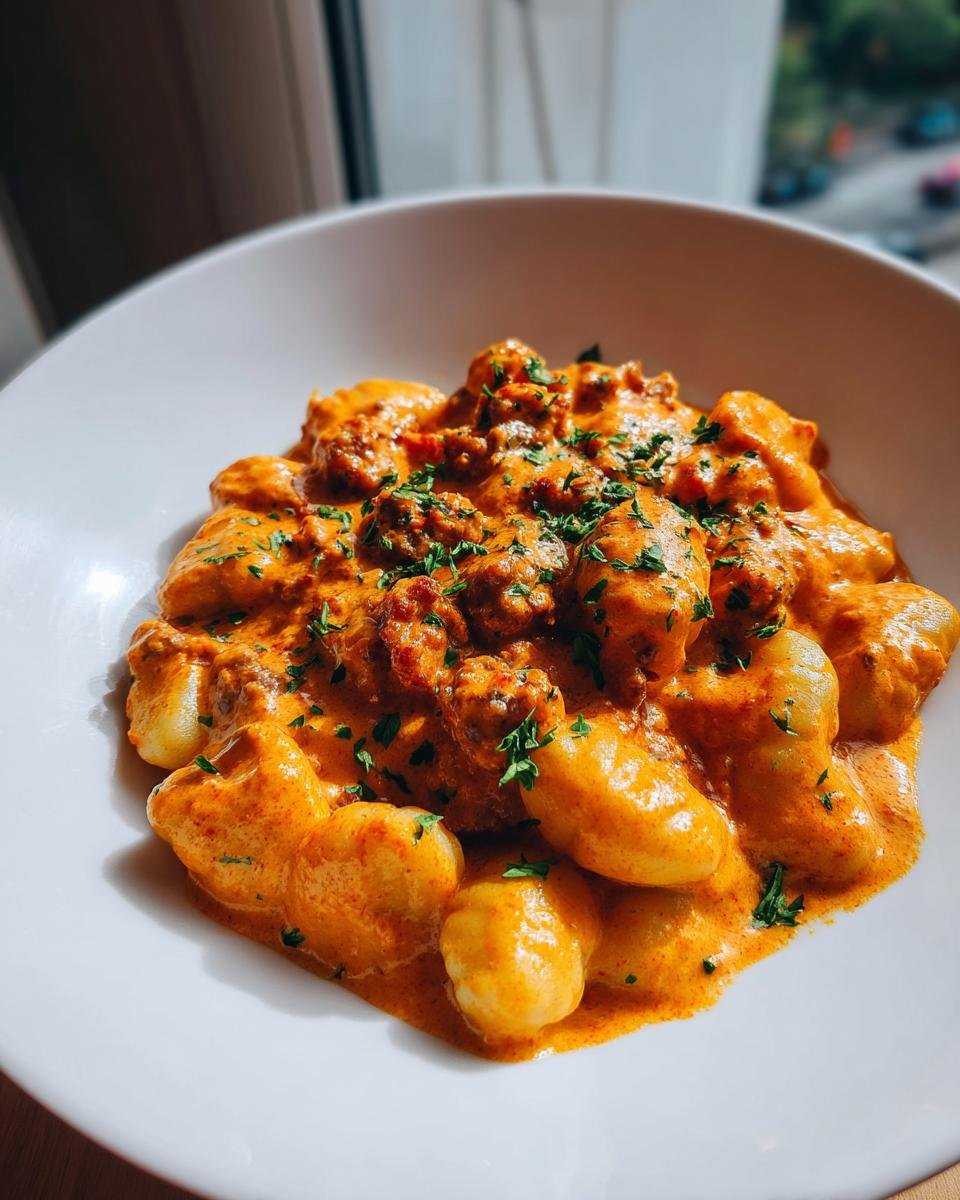 A bowl of fluffy gnocchi smothered in a rich, orange creamy harissa sauce with chorizo pieces, garnished with fresh parsley.