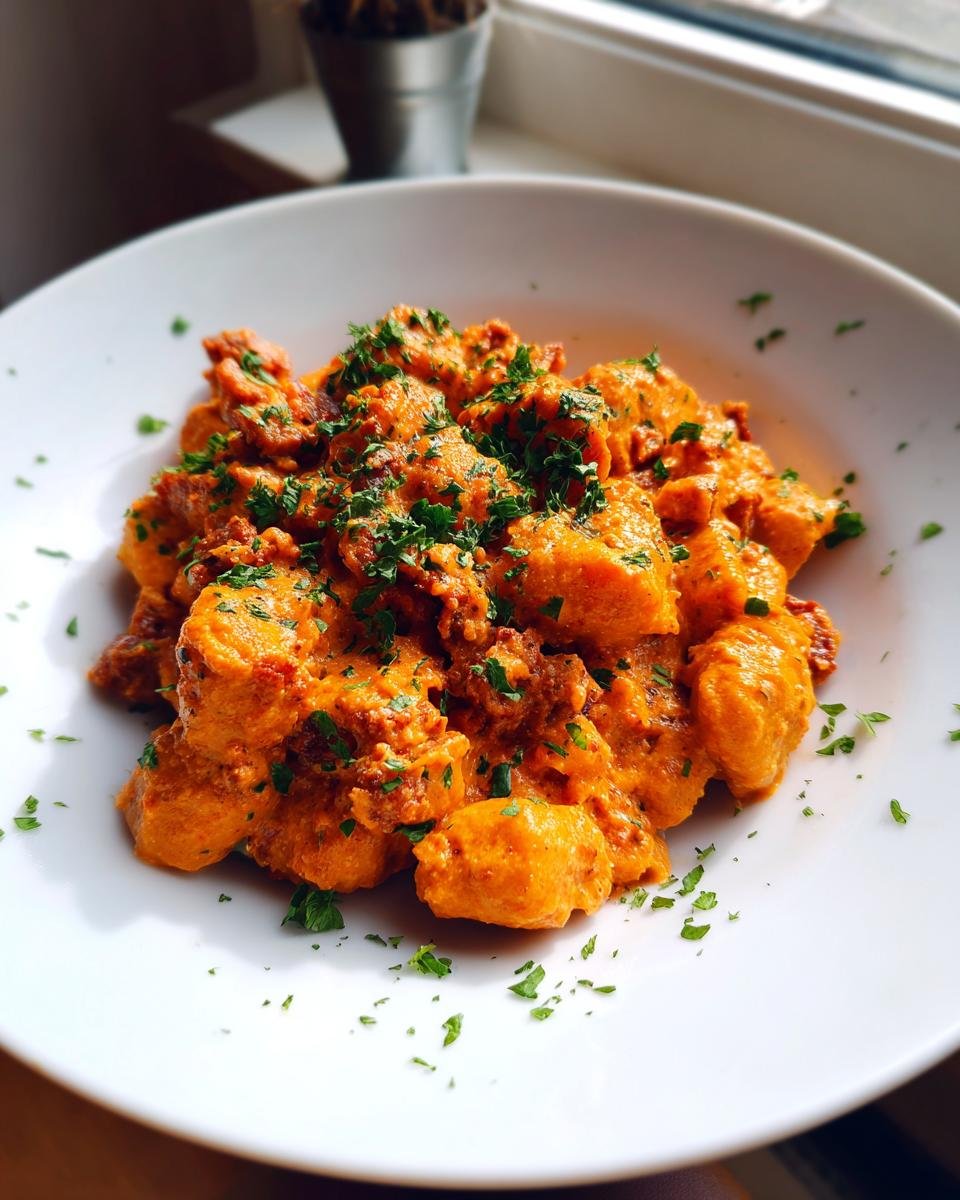 A white bowl filled with Gnocchi With Chorizo And Creamy Harissa Sauce, garnished with fresh parsley.