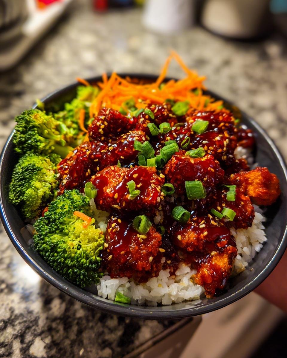 Close-up of a Gochujang Chicken Bowl featuring crispy chicken coated in red sauce over rice, topped with sesame seeds and scallions.