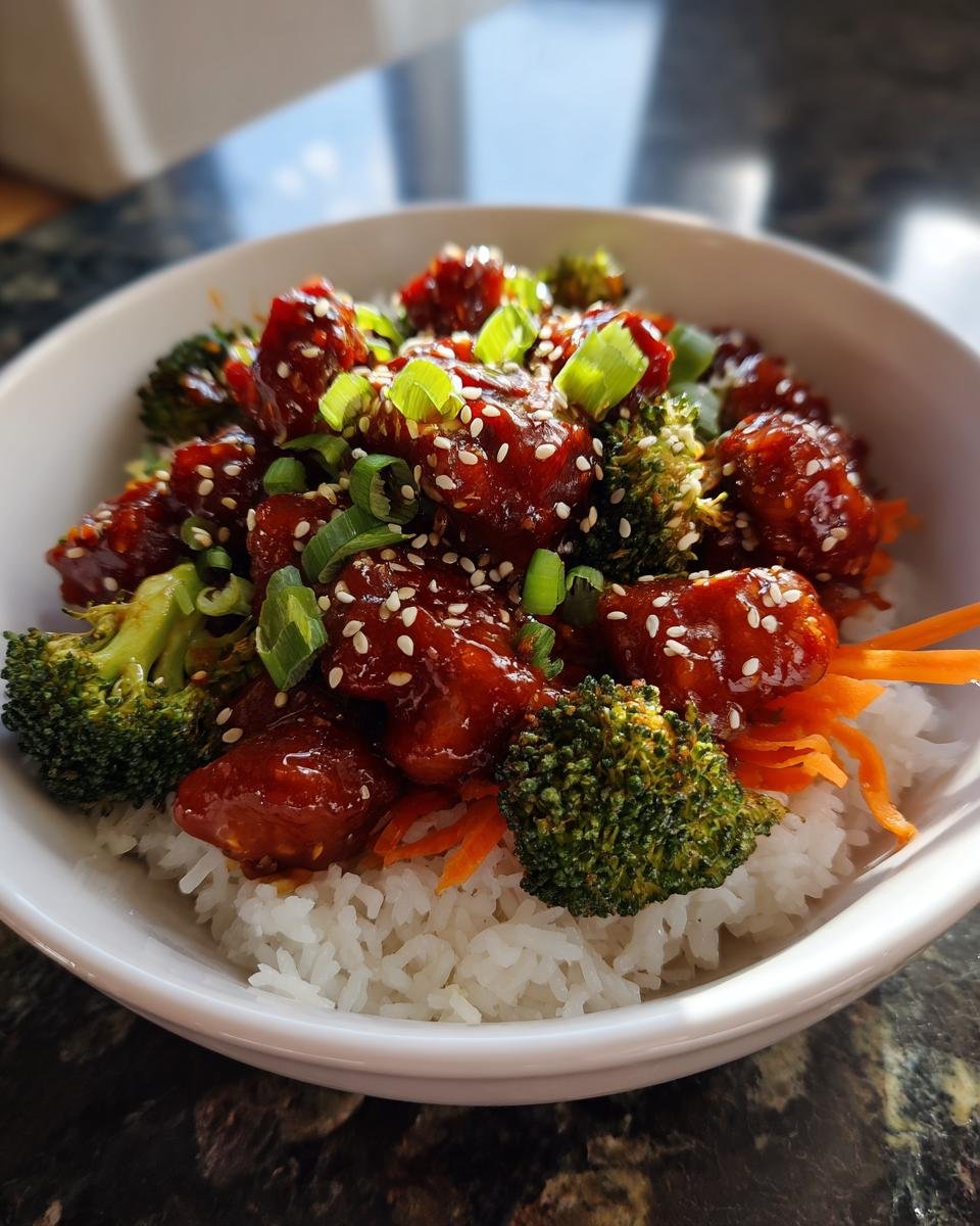 A close-up of a Gochujang Chicken Bowl featuring sticky, glazed chicken pieces, bright green broccoli, and white rice, topped with sesame seeds.