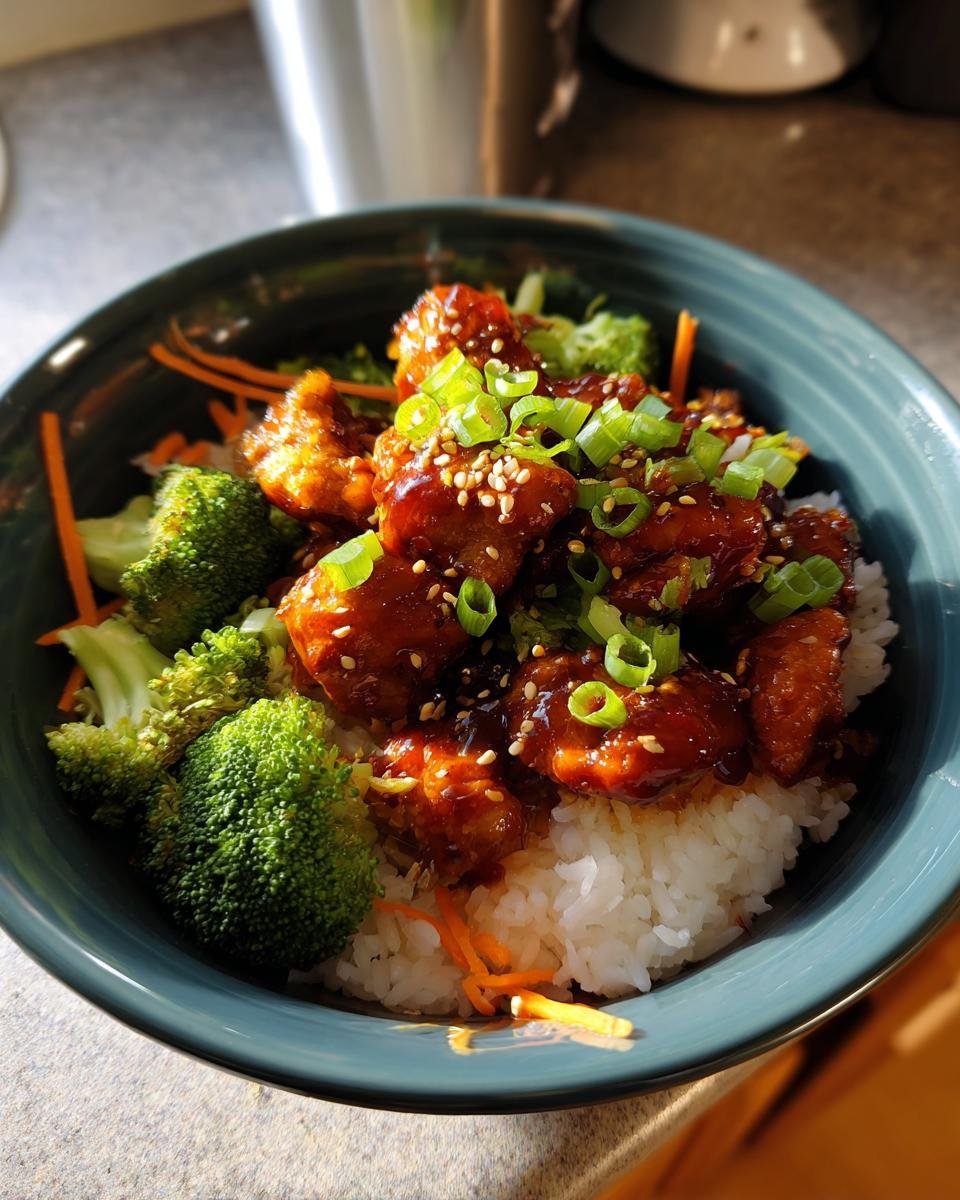 A close-up of a Gochujang Chicken Bowl featuring glazed chicken pieces over white rice, broccoli, and carrots, topped with sesame seeds and scallions.