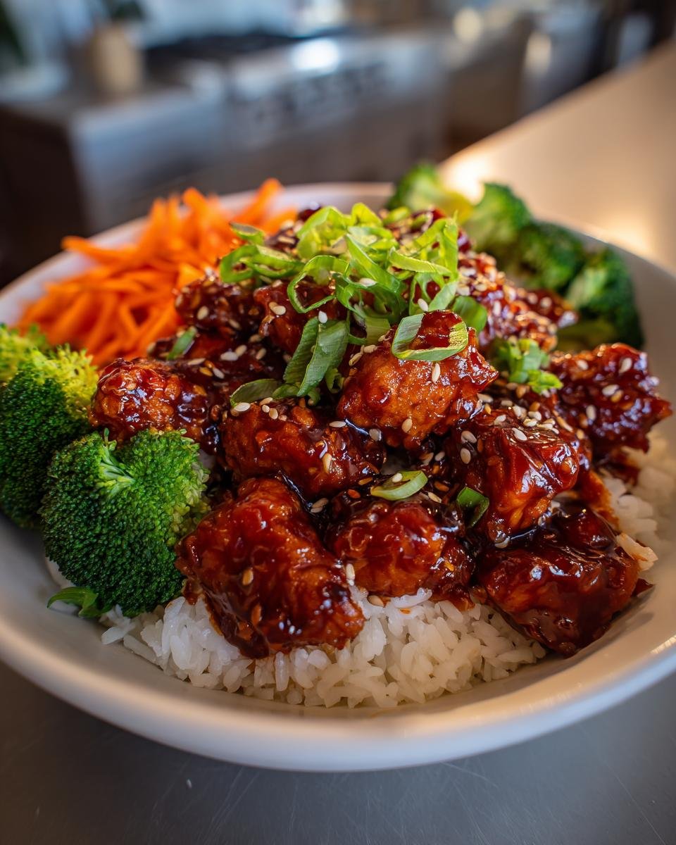 Close-up of a Gochujang Chicken Bowl featuring sticky glazed chicken over white rice, topped with green onions and sesame seeds.