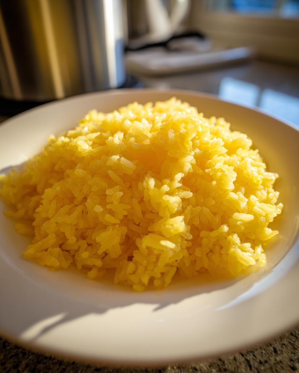 A close-up of fluffy, bright yellow Greek Lemon Rice served on a white plate, illuminated by sunlight.