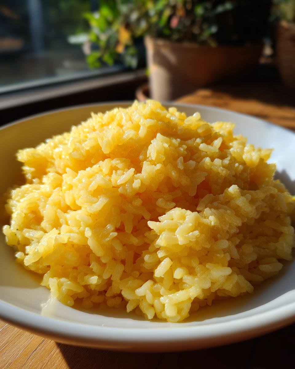 Close-up of bright yellow, fluffy Greek Lemon Rice served in a white bowl near a sunny window.