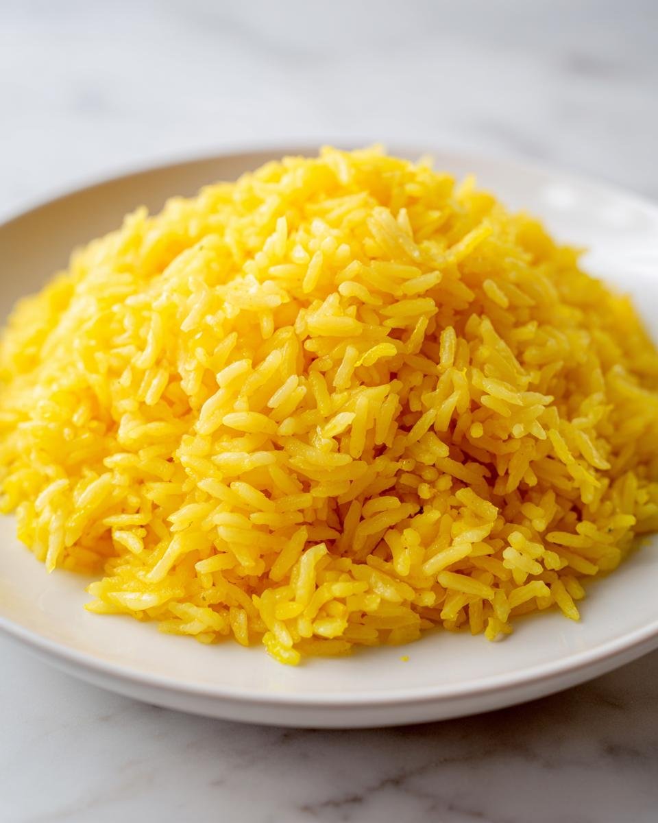 A close-up of fluffy, bright yellow Greek Lemon Rice mounded high on a white plate.