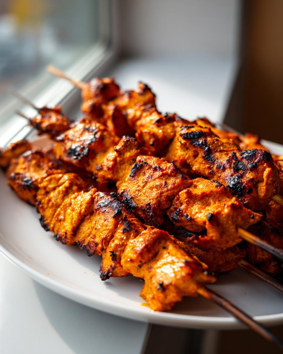 Close-up of several perfectly grilled Bang Bang Chicken Skewers with charred edges resting on a white platter.