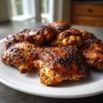 A close-up of several juicy Grilled Chicken Thighs piled high on a white plate, featuring a dark, flavorful char.