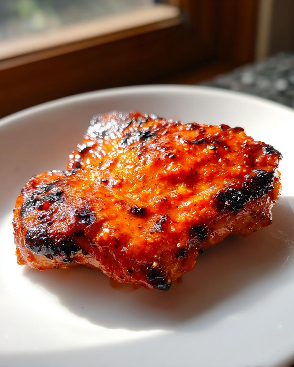 A single, glistening Grilled Honey Buffalo Chicken Thighs piece with caramelized, slightly charred edges on a white plate.