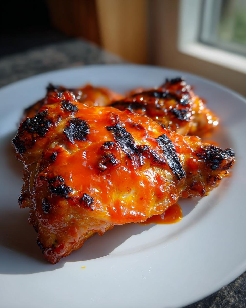 Close-up of grilled honey buffalo chicken thighs coated in a vibrant, sticky orange glaze with charred grill marks.