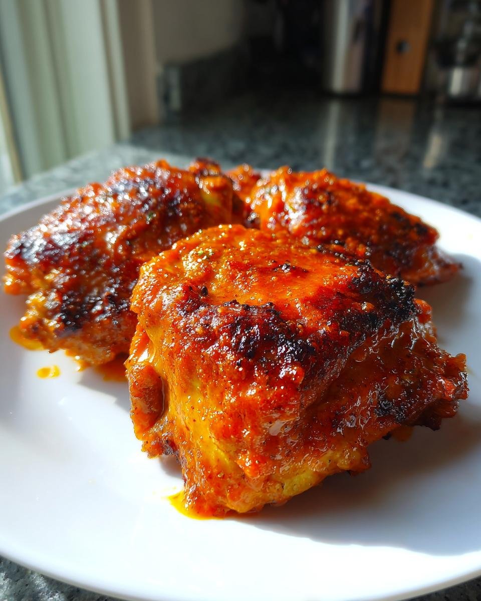 Three pieces of juicy Grilled Honey Buffalo Chicken Thighs coated in a thick, glossy, reddish-orange sauce on a white plate.