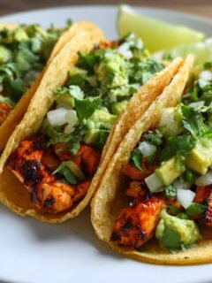 Three delicious Grilled Salmon Tacos topped with chunky avocado salsa, diced onion, and cilantro, served with a lime wedge.