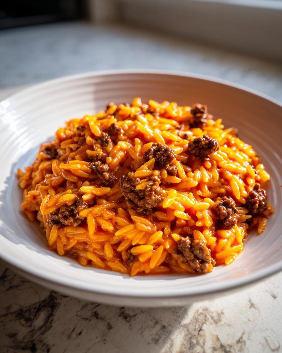A close-up bowl of rich Ground Beef Orzo With Tomato Cream Sauce, featuring orzo pasta coated in a creamy orange sauce and mixed with browned ground beef.
