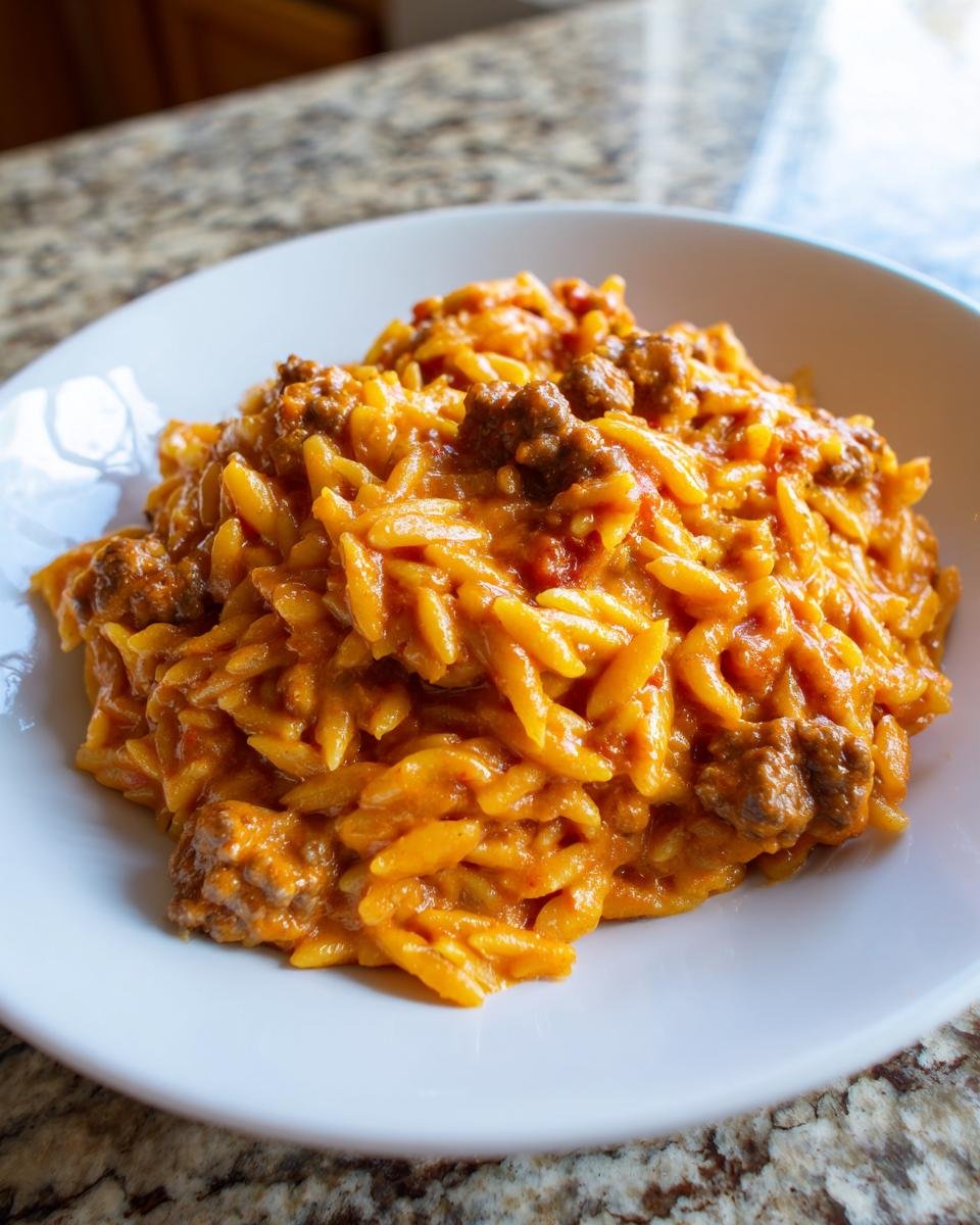 A close-up of a white bowl filled with creamy Ground Beef Orzo With Tomato Cream Sauce.