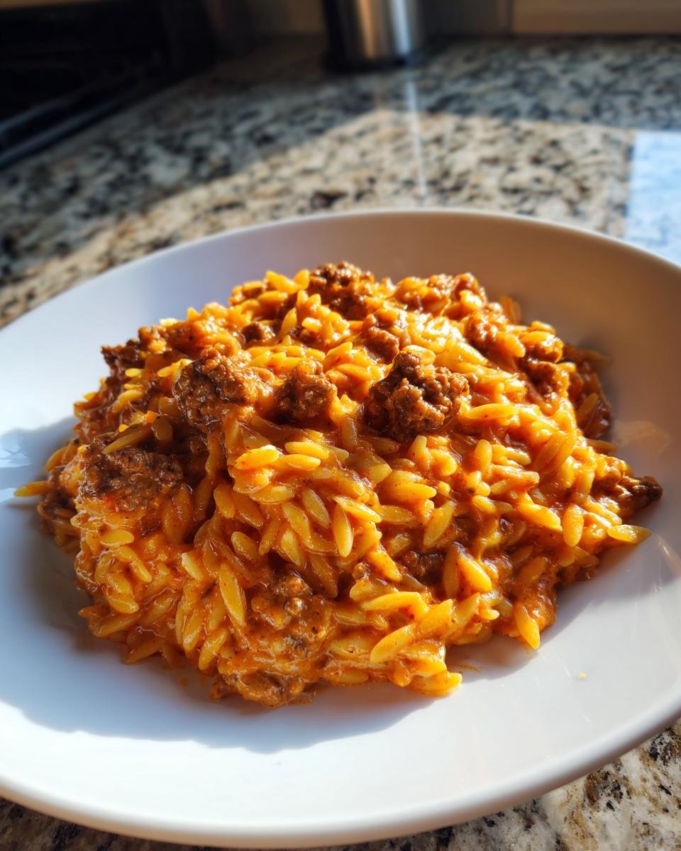 A close-up of a white bowl filled with creamy Ground Beef Orzo With Tomato Cream Sauce, served on a granite countertop.