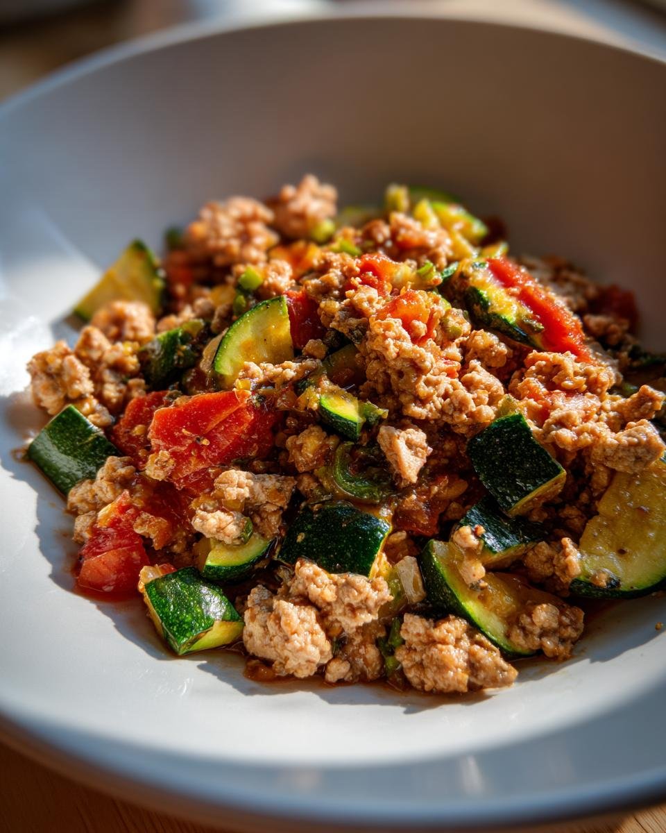 Close-up of a white bowl filled with cooked Ground Turkey And Zucchini Skillet, featuring browned meat, green zucchini chunks, and diced tomatoes.