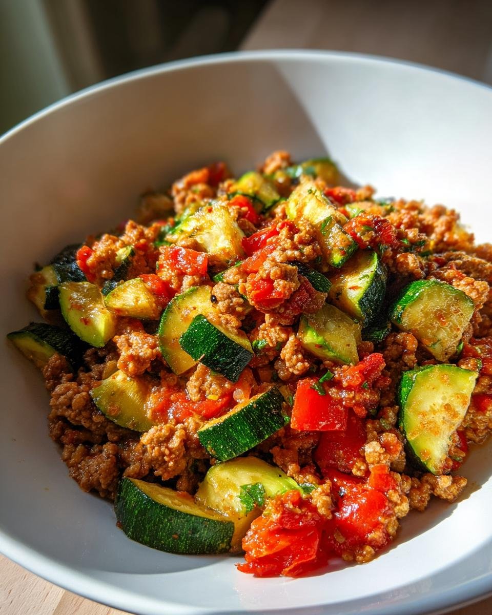 Close-up of a white bowl filled with Ground Turkey And Zucchini Skillet, featuring browned meat, green zucchini chunks, and red tomatoes.