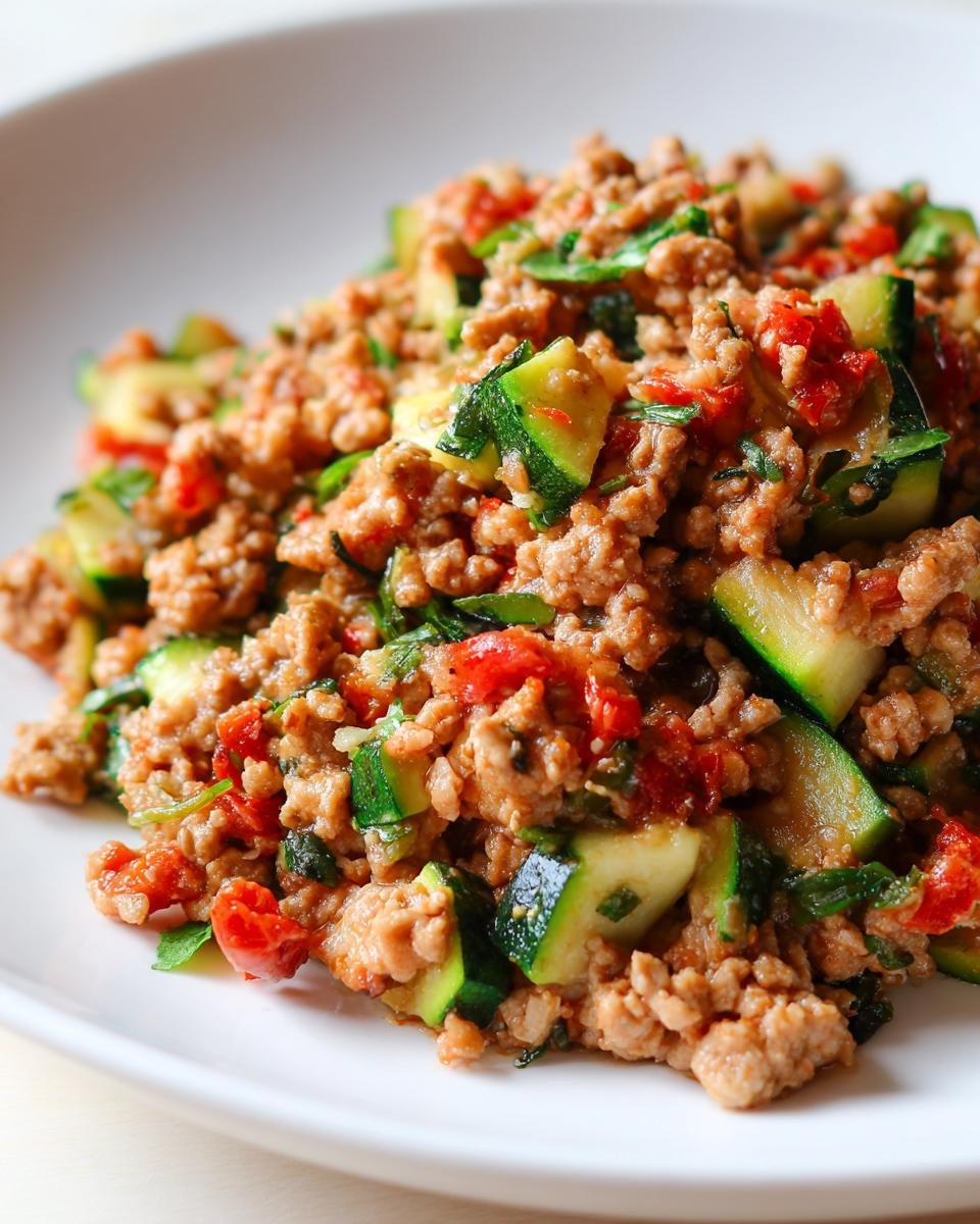 A close-up of a serving of Ground Turkey And Zucchini Skillet with visible chunks of zucchini and diced tomatoes.
