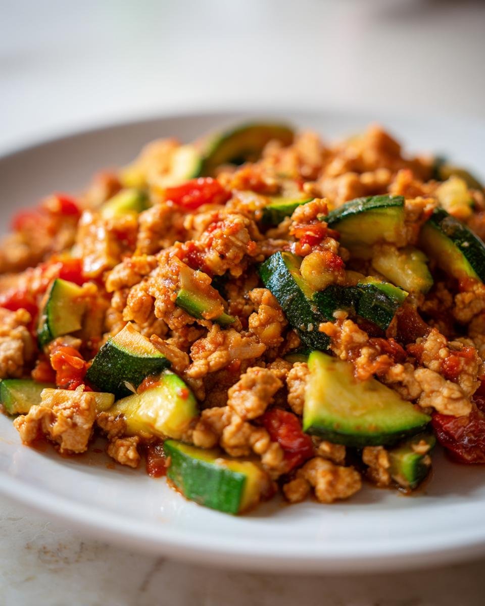 A close-up of the finished Ground Turkey And Zucchini Skillet served on a white plate, showing browned turkey mixed with bright green zucchini slices.
