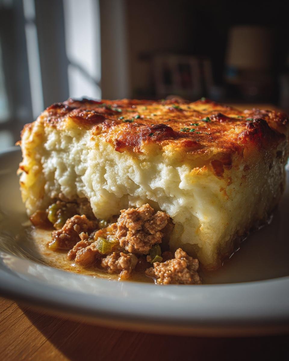 A close-up of a serving of Ground Turkey Shepherds Pie showing the rich meat filling and fluffy, browned mashed potato topping.