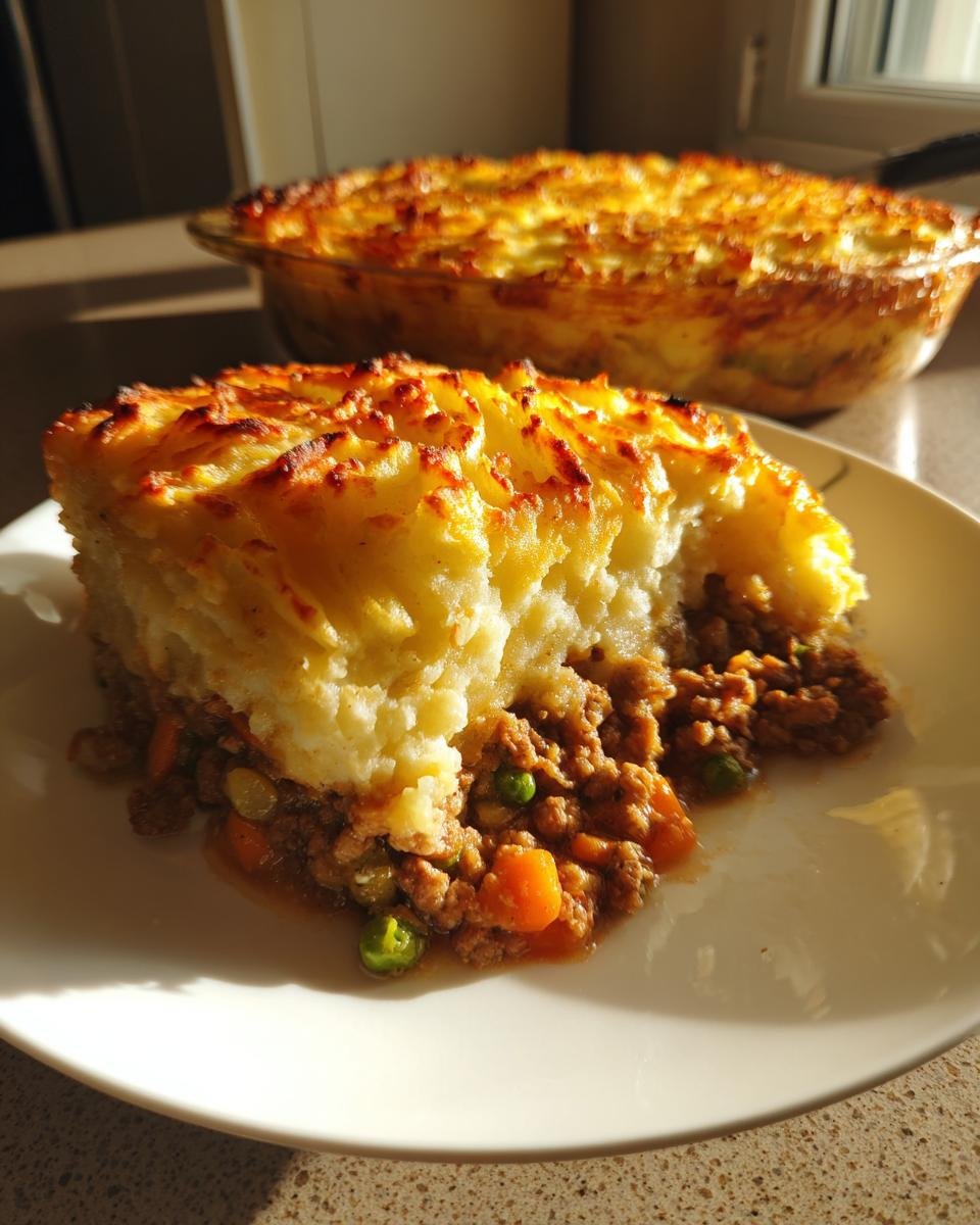 A hearty serving of Ground Turkey Shepherds Pie showing the rich meat filling and browned mashed potato topping.